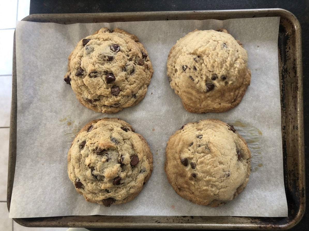 Freshly baked chocolate chip cookies on a baking sheet