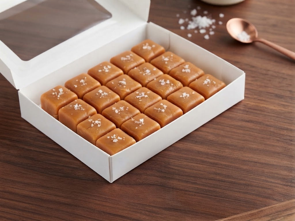 Box of 20 Sugared Salted Vanilla Bean Caramels topped with flaky sea salt