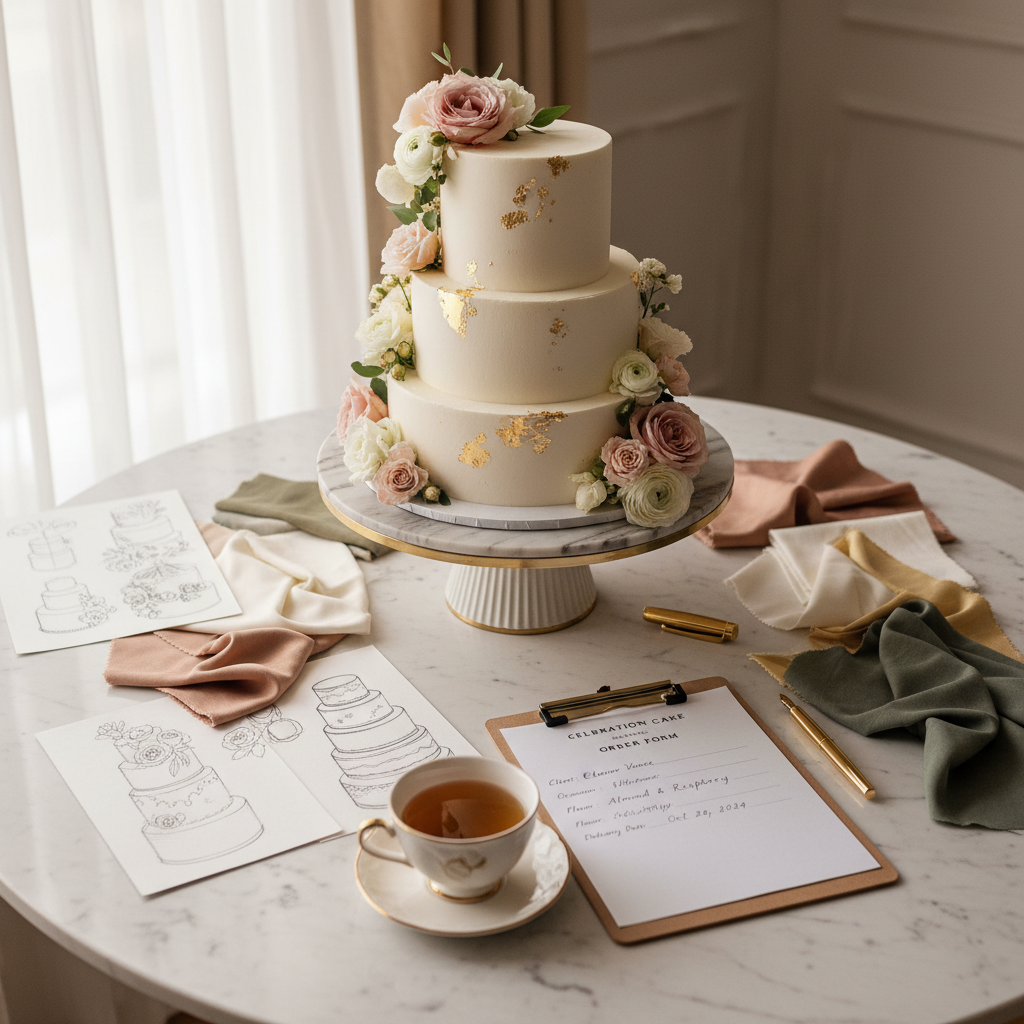 Custom Cake Design Consultation — elegant multi-tiered white cake with gold leaf and fresh flowers
